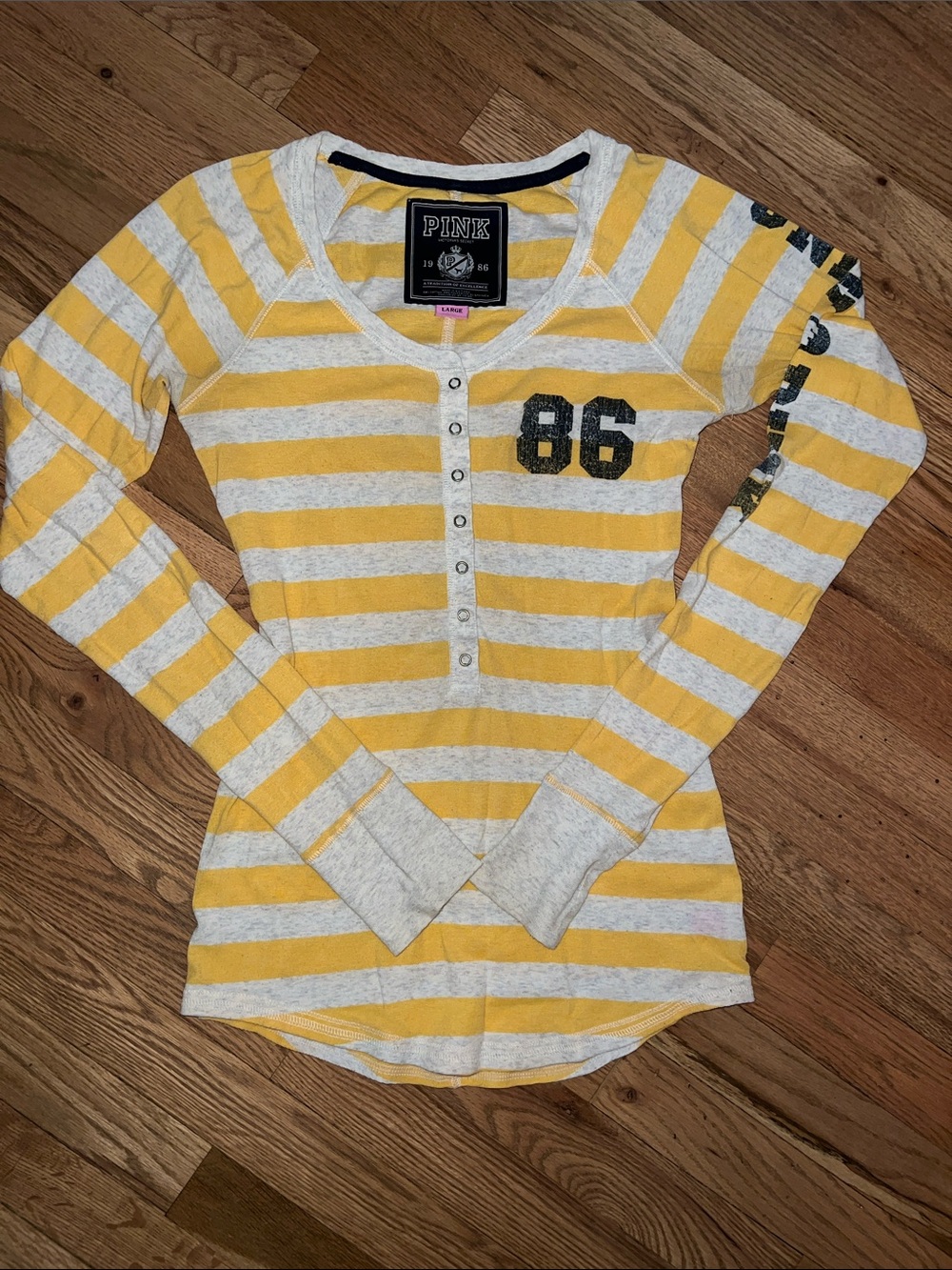 Victoria's Secret PINK Vintage Yellow & White Striped Henley Size Large